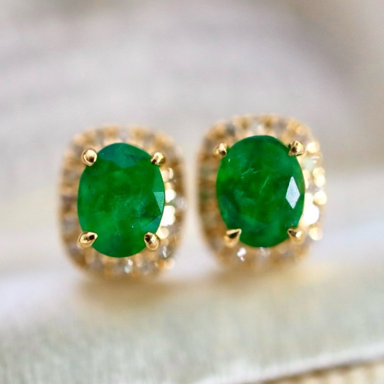 14k Yellow Gold 0.50 Ctw Natural Emerald & Diamond Earrings