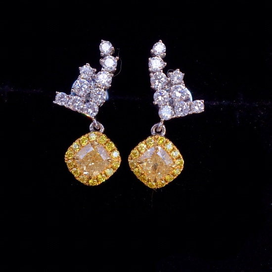14k White Gold 0.6 Ct Natural Yellow Diamond & Diamond Earrings