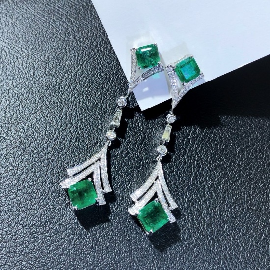 14k White Gold 4.88 Ctw Natural Emerald & Diamond Earrings