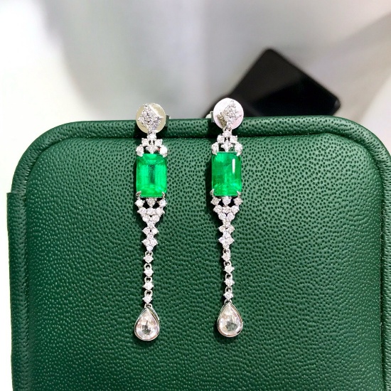 14k White Gold 1.72 Ctw Natural Emerald & Diamond Earrings