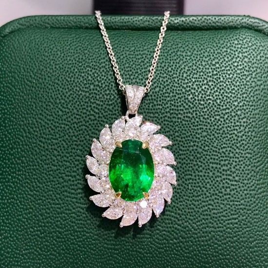 14k White Gold 3.37 Ctw Natural Emerald & Diamond Pendant
