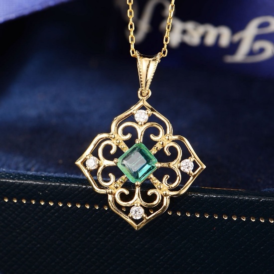 14k Rose Gold 0.59 Ctw Natural Emerald & Diamond Pendant