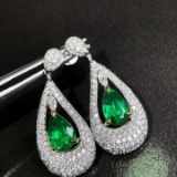14k White Gold 1.53 Ct Vivid Green Natural Emerald & Diamond Earrings