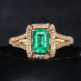 14k Gold 1.20 Ct Natural Emerald & Diamond & Art Deco Ring