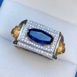14k Gold 3.04 Ctw Vivid Blue Natural Sapphire & Diamond & Men¡¯s Ring