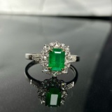 14k Gold 1.03 Ct Vivid Green Natural Emerald & Diamond & Cocktail Ring