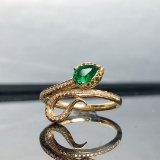14k Gold 0.49 Ctw Vivid Green Natural Emerald & Diamond & Art Deco Ring