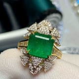 14k Gold 4.58 Ctw Vivid Green Natural Emerald & Diamond & Art Deco Ring