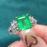 14k Gold 2.54 Ctw Vivid Green Natural Emerald & Diamond & Solitaire Ring