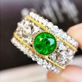 14k Gold 0.92 Ctw Vivid Green Natural Emerald & Diamond & Art Deco Ring