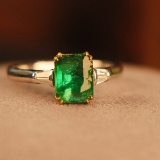 14k Gold 1.40 Ctw Vivid Green Natural Emerald & Diamond & Solitaire Ring