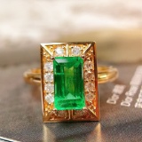 14k Gold 1.74 Ctw Vivid Green Natural Emerald & Diamond Ring