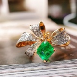 14k Gold 1.20 Ctw Vivid Green Natural Emerald & Diamond & Butterfly Ring