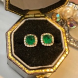 14k Gold 1.11 Ctw Vivid Green Natural Emerald & Diamond Earrings