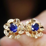 14k Yellow Gold 0.70 Ctw Natural Sapphire & Diamond Earrings