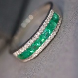 14k White Gold 0.71 Ctw Natural Emerald & Diamond Ring