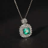 14k White Gold 1.45 Ctw Natural Emerald & Diamond Pendant