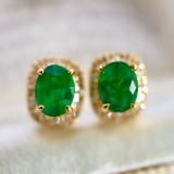 14k Yellow Gold 0.50 Ctw Natural Emerald & Diamond Earrings