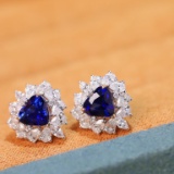 14k White Gold 3.44 Ctw Natural Sapphire & Diamond Earrings
