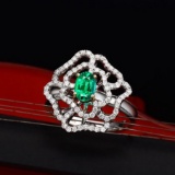 14k White Gold 0.84 Ctw Natural Emerald & Diamond Ring