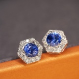 14k White Gold 1.00 Ctw Natural Sapphire & Diamond Earrings