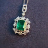 14k White Gold 1.09 Ct Natural Emerald & Diamond Pendant