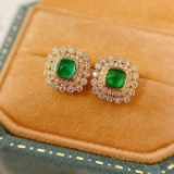 14k White Gold 0.80 Ctw Natural Emerald & Diamond Earrings