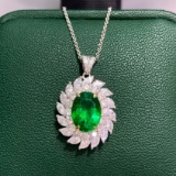 14k White Gold 3.37 Ctw Natural Emerald & Diamond Pendant