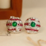 14k White Gold 2.46 Ctw Natural Emerald & Ruby Earrings