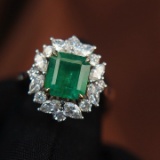 14k White Gold 3.78 Ctw Natural Emerald & Diamond Ring