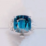 14k White Gold 12.17 Ctw Vivid Blue Natural Tourmaline & Diamond Ring