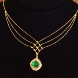 14k Gold 1.2 Ct Vivid Green Natural Emerald & Diamond Necklace