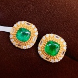 14k Gold 2.2 Ct Vivid Green Natural Emerald & Diamond & Sapphire Earrings