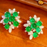 14k Gold 3.28 Ct Vivid Green Natural Emerald & Diamond Earrings