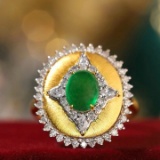 14k Gold 1.62 Ctw Vivid Green Natural Emerald & Diamond Ring