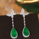 14k Gold 6.75 Ctw Vivid Green Natural Emerald & Diamond Earrings