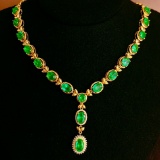 14k Gold 11.89 Ct Vivid Green Natural Emerald & Diamond Necklace