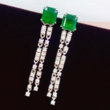 14k Gold 4.8 Ct Vivid Green Natural Emerald & Diamond Earrings