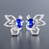 14k Gold 1.45 Ctw Vivid Blue Natural Sapphire & Diamond Earrings