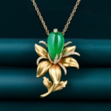 14k Gold 7.57 Ctw Vivid Green Natural Emerald & Diamond & Flowers Brooch/pendant