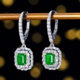 14k Gold 1.88 Ctw Vivid Green Natural Emerald & Diamond Earrings