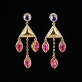 14k Gold 1.80 Ctw Natural Ruby & Sapphire & Diamond Earrings