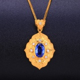 14k Gold 1.25 Ctw Vivid Blue Natural Sapphire & Diamond Pendant