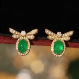 14k Gold 1.19 Ctw Vivid Green Natural Emerald & Diamond Earrings