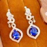 14k Gold 2.4 Ct Vivid Blue Natural Sapphire & Diamond Earrings