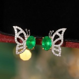 14k Gold 1.10 Ctw Vivid Green Natural Emerald & Diamond & Butterfly Earrings
