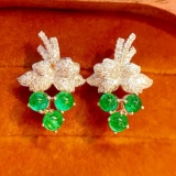 14k Gold 1.5 Ct Vivid Green Natural Emerald & Diamond Earrings