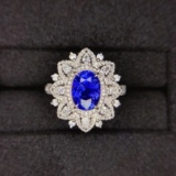 14k Gold 3.20 Ctw Vivid Blue Natural Sapphire & Diamond Ring