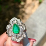 14k Gold 2.19 Ctw Vivid Green Natural Emerald & Diamond & Flowers Ring