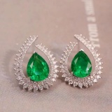 14k Gold 2.79 Ctw Vivid Green Natural Emerald & Diamond Earrings